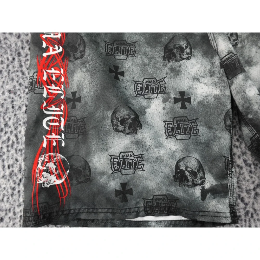 MMA‎ Elite Board Shorts Mens XL Grey Black Skull Graphic Y2K Good Cross Print